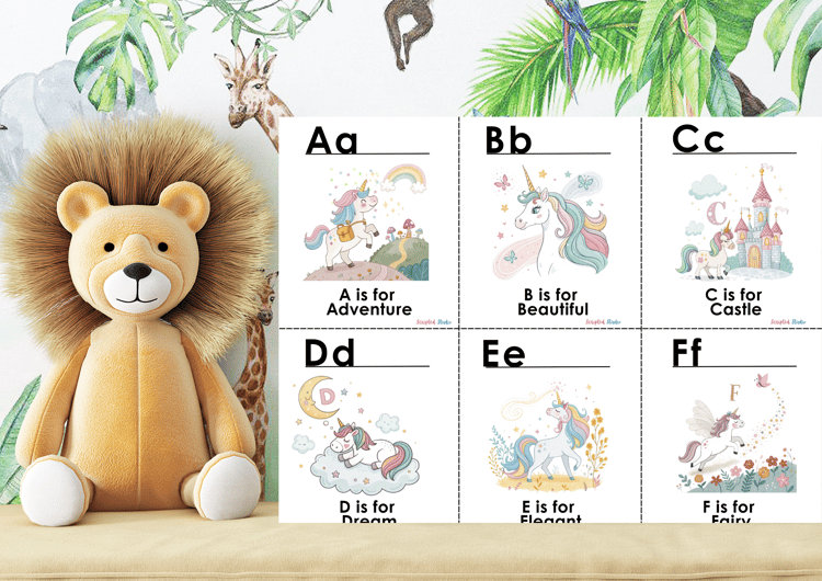 6 Colorful A-Z doodle unicorn flashcards, each showcasing a fun word and illustration on a nursery shelf  the a lion teddy