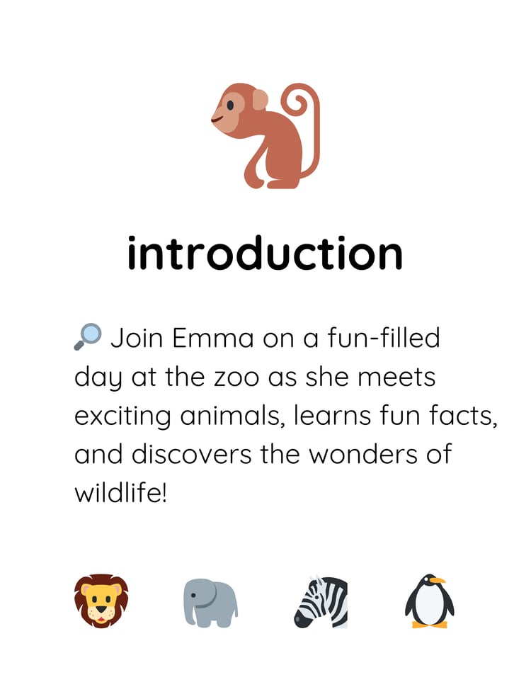 Introduction A delightful childrens book about Emmas zoo adventure, filled with fun illustrations and animal characters for early readers.