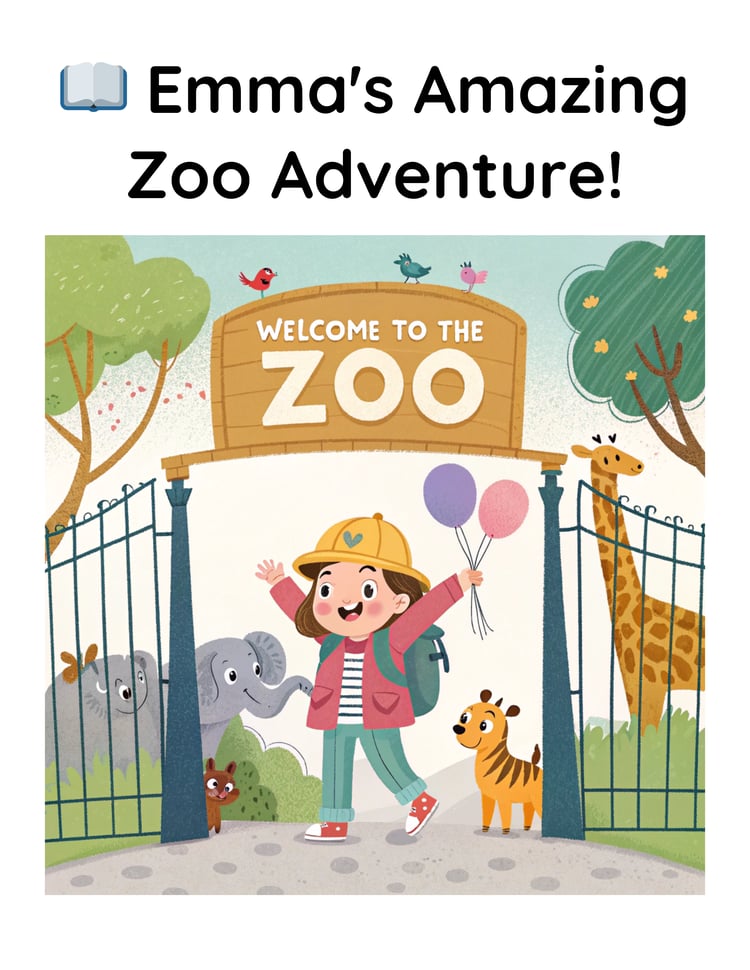 A delightful childrens book about Emmas zoo adventure, filled with fun illustrations and animal characters for early readers cover page. in color