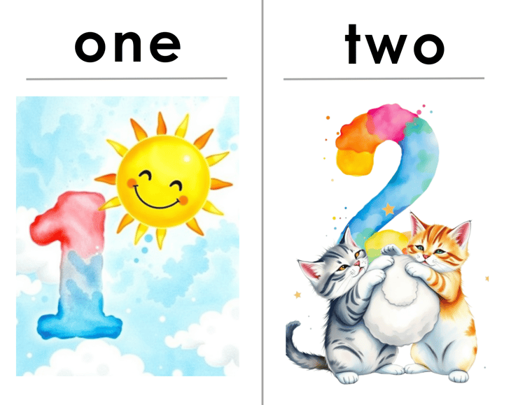 Colorful flashcards with numbers 1-2, featuring doodle graphics designed to make counting fun for kids