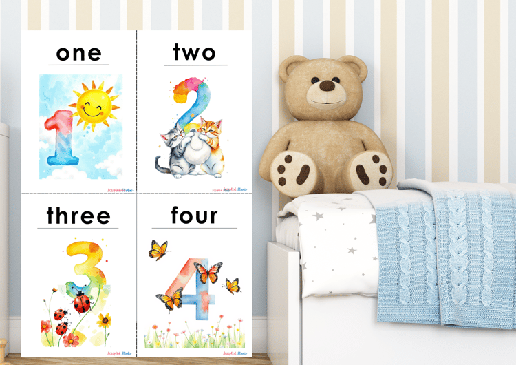 Colorful flashcards with numbers 1, - 4 featuring doodle graphics designed to make counting fun for kids mock up