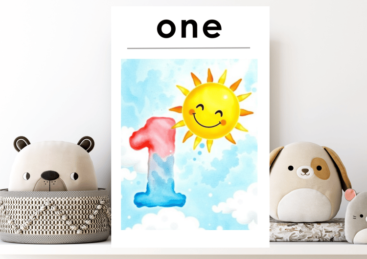 Colorful flashcards with numbers 1, featuring doodle graphics designed to make counting fun for kids mock up