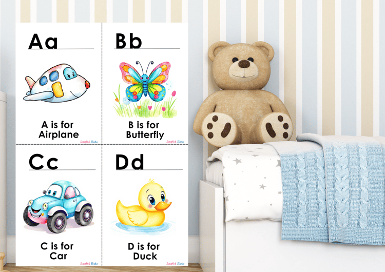 ABC Watercolor Uppercase and lowercase two flashcards 4 flashcards, A, is for an airplane,, b for butterfly, car, duck on a flashcard in a nursery room