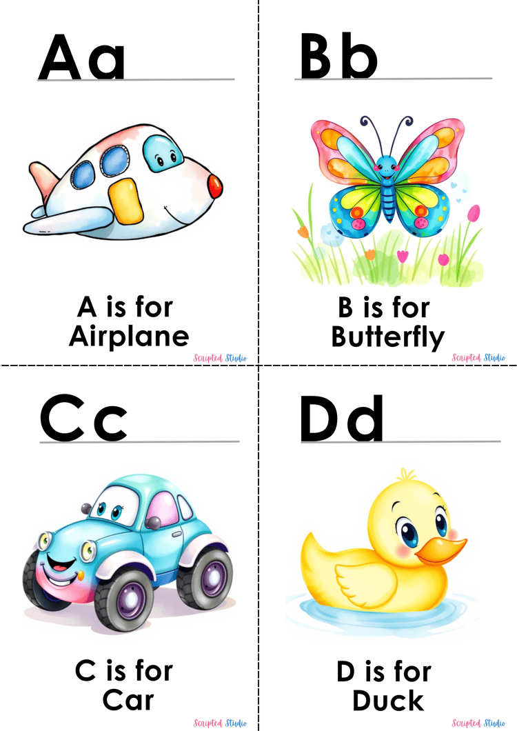 ABC Watercolor Uppercase and lowercase two flashcards A is for an airplane, on a flashcard in a nursery room