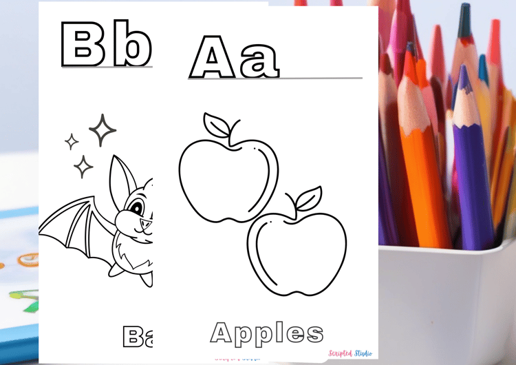 A vibrant coloring book page showing uppercase and lowercase letters apples fun illustrations like an airplane for "A" and a bat for "B". mock up with coloring pencils