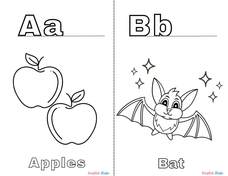 A vibrant coloring book page showing uppercase and lowercase letters alongside fun illustrations like an apples for "A" and a bat for "B".