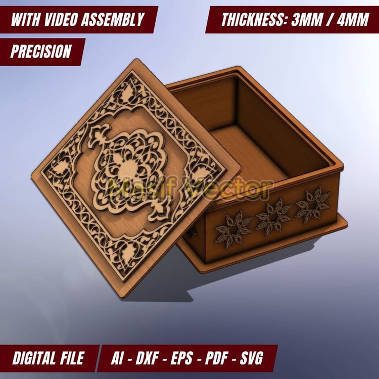 Wooden jewelry box design with intricate floral engraving, featuring a top-opening lid for easy access. Laser cut file for DIY projects.