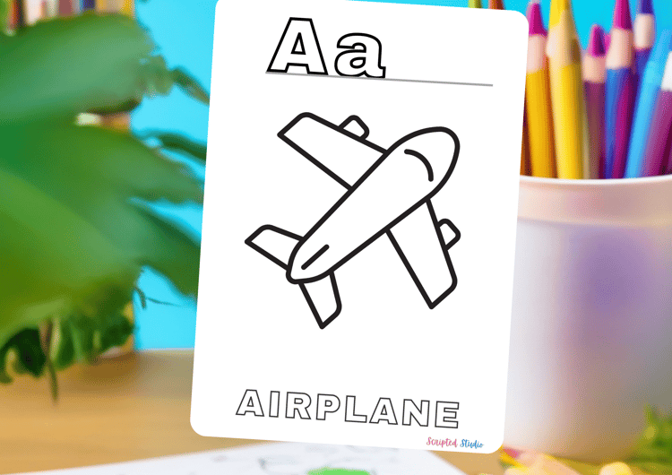 A vibrant coloring book page showing uppercase and lowercase letters alongside fun illustrations like an airplane for "A" with coloring pencils in a pot