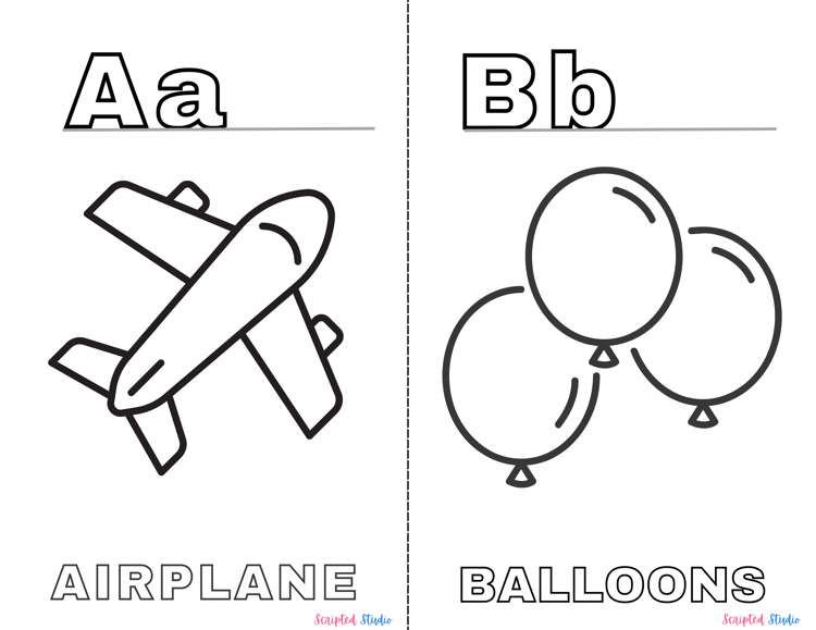 A vibrant coloring book page showing uppercase and lowercase letters alongside fun illustrations like an airplane for "A" and a balloon for "B".