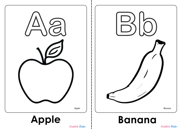 A colorful illustration of an uppercase and lowercase “Aa” with a large apple and “Bb” with a large banana for kids to color.