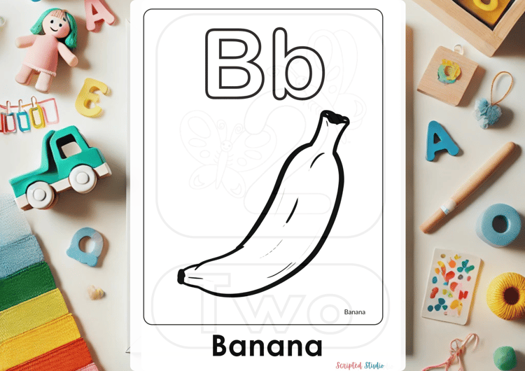A colorful illustration of an uppercase and lowercase Coloring Flashcards for letters for Bb Banana