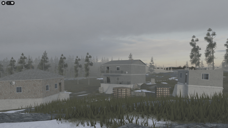 Aerial view of the Chechnya Military Roleplay Map in Roblox, showcasing expansive forests and a winding river.