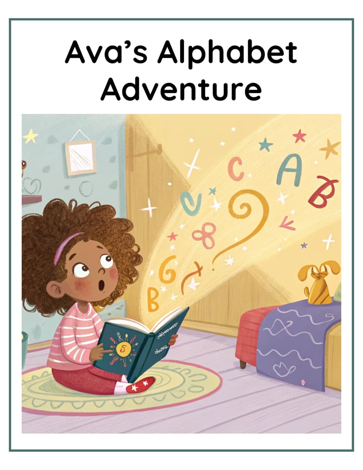 A whimsical book cover featuring Ava in a magical world, exploring the alphabet in a colorful and adventurous setting.