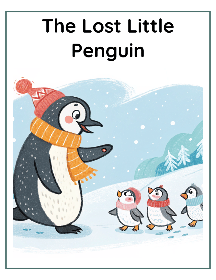 A cute, fluffy penguin looking around in a snowy landscape, searching for its family.