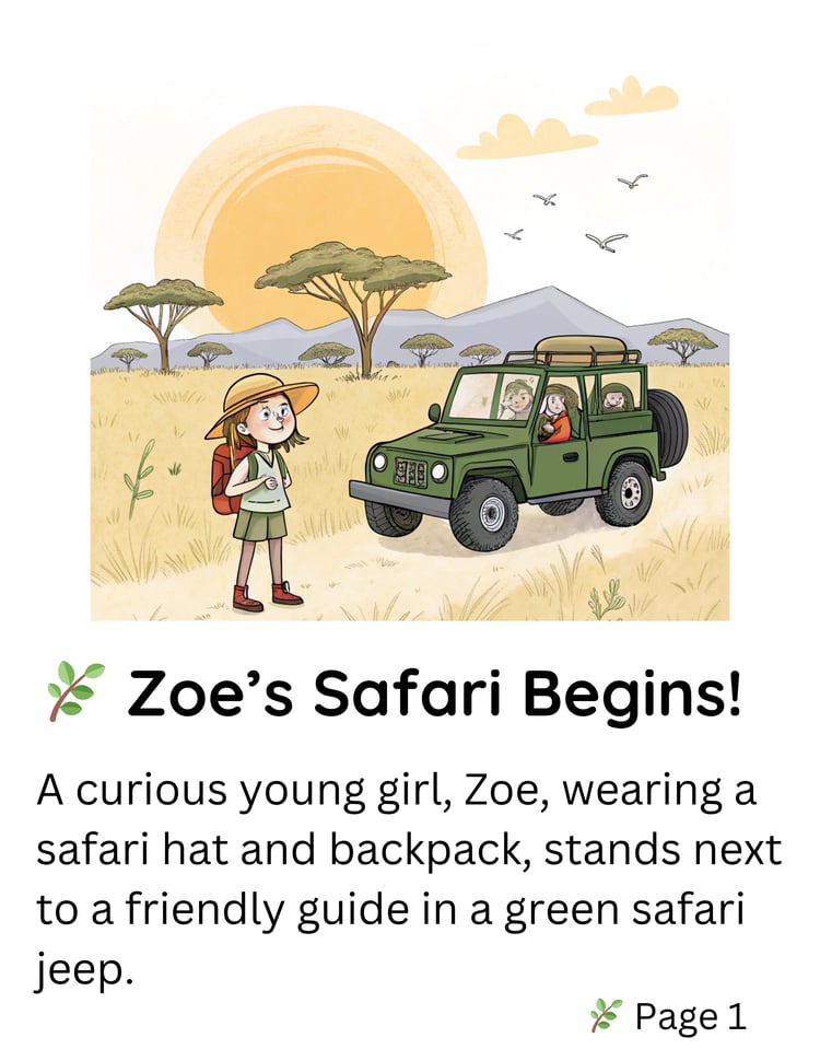 A cheerful Zoe in safari gear surrounded by elephants, lions, and giraffes in a lush jungle setting.