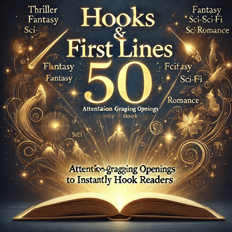 An open book with golden words glowing and rising from its pages, symbolizing powerful first lines. The background features deep blue and gold tones with silhouettes of different story genres emerging—thriller, fantasy, sci-fi, and romance.