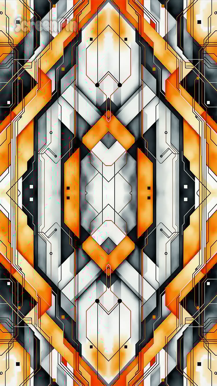 Seamless futuristic geometric pattern in shades of gray, orange, and white with a modern abstract design.