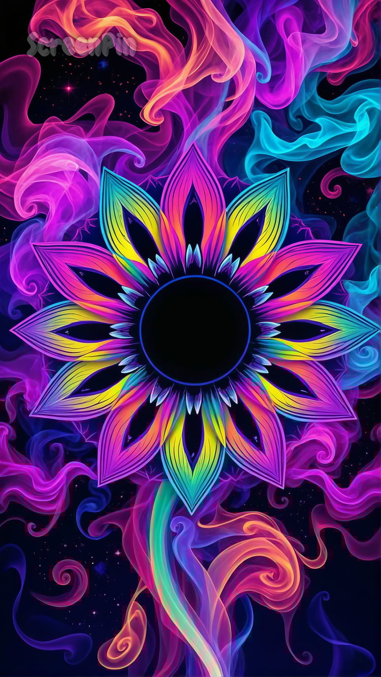 A vibrant abstract flower made of colorful swirling smoke on a dark background.