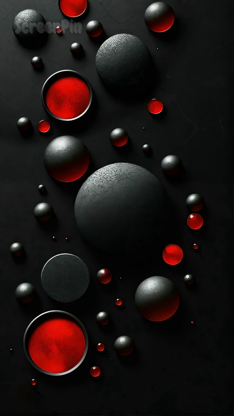 Abstract digital artwork with overlapping red and black circles, featuring smooth gradients and subtle lighting effects for depth and contrast.