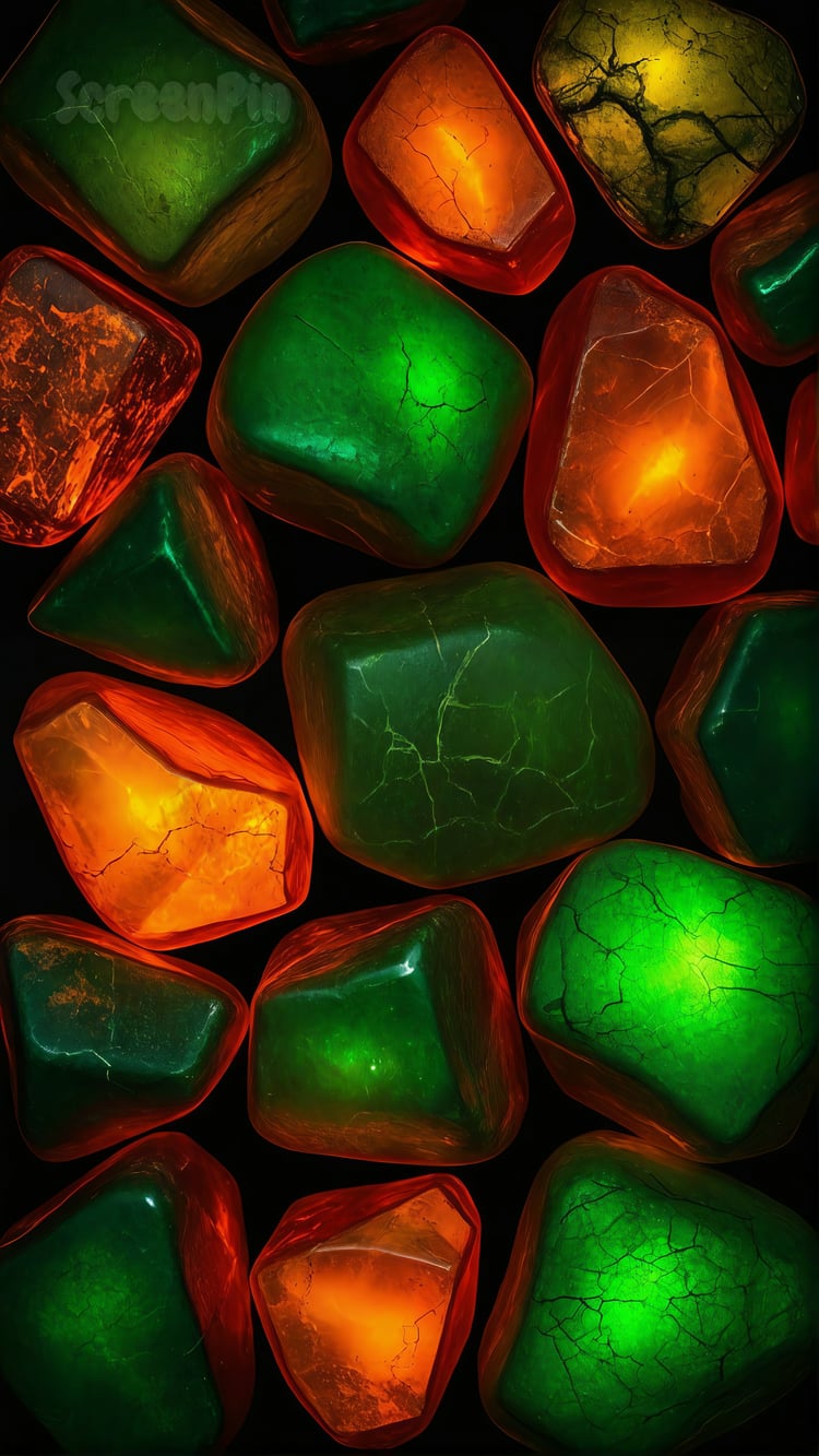 Abstract arrangement of irregularly shaped stones glowing in vibrant orange and green tones against a dark background.