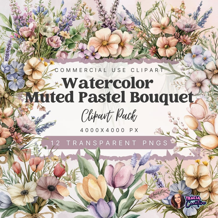 Watercolor Muted Pastel Bouquet Clipart – 12 PNG Images
