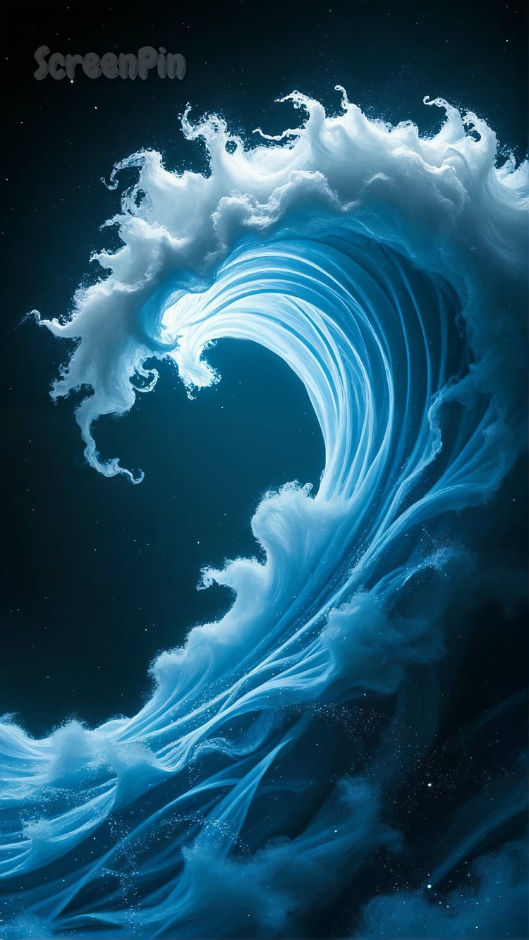 A glowing blue wave with a mystical aura flowing through a dark background, creating a sense of movement and energy.