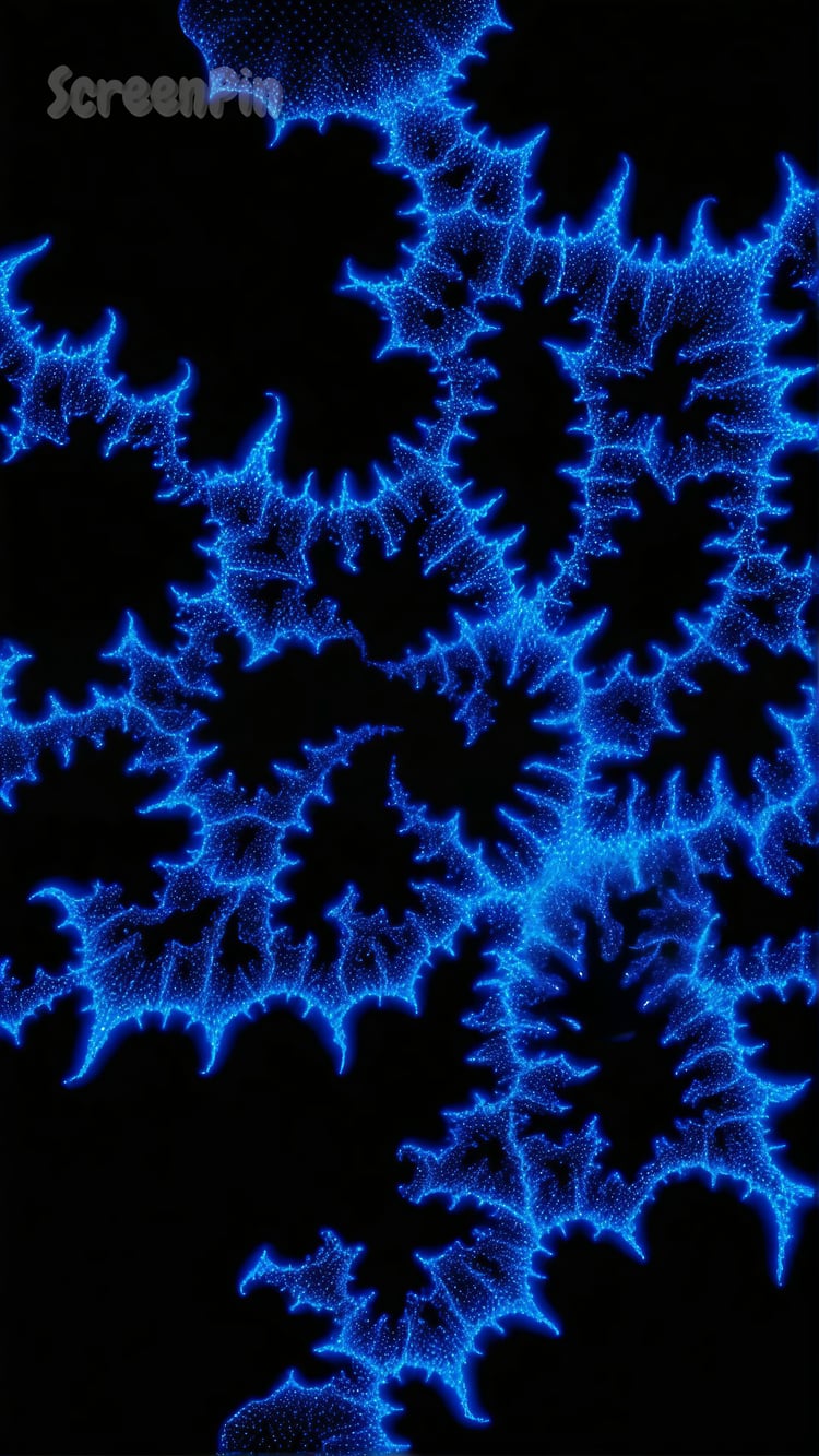 An intricate fractal pattern with glowing electric blue edges set against a deep black background, creating a futuristic and mesmerizing effect.