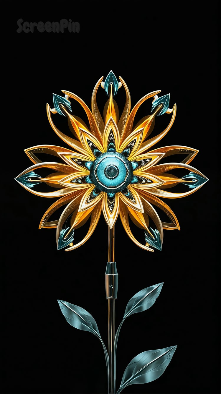 A futuristic cybernetic flower with glowing neon details set against a deep black background, blending organic beauty with a high-tech aesthetic.