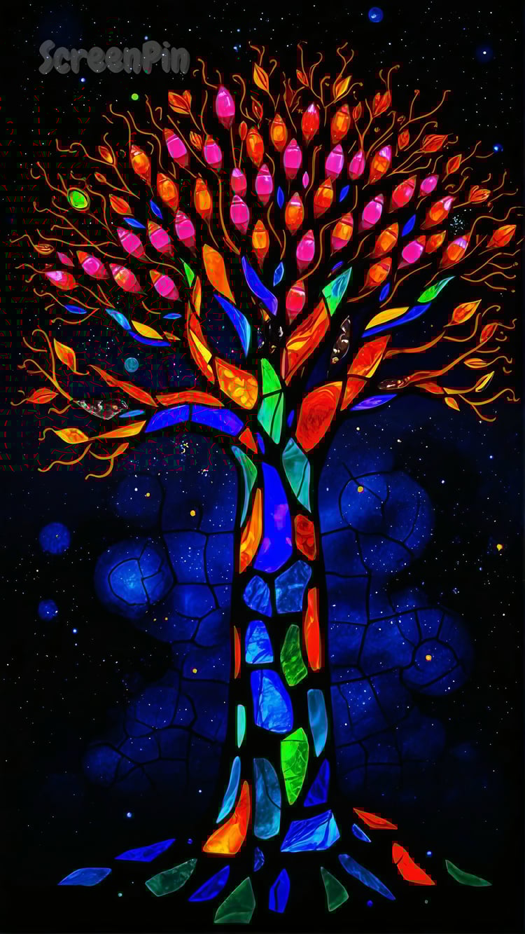A radiant, glowing tree with cosmic energy flowing through its branches and roots, set against a deep space background, exuding a mystical and magical aura.