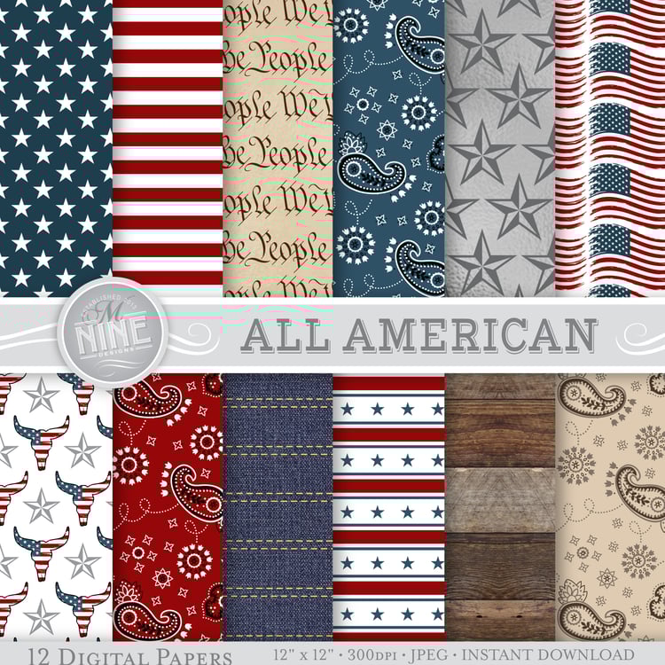 image of 12 digital papers with an Americana theme