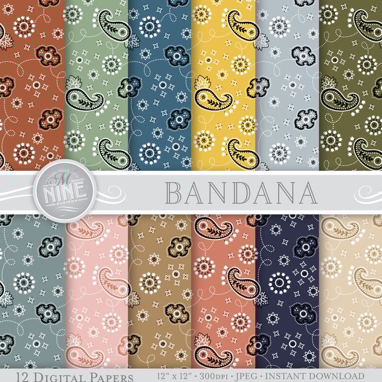 collection of 12 digital papers with a bandana theme