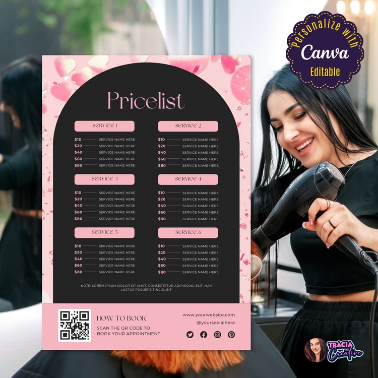 Pink & Black Beauty Salon Pricelist – Editable in Canva (8.5x11)
