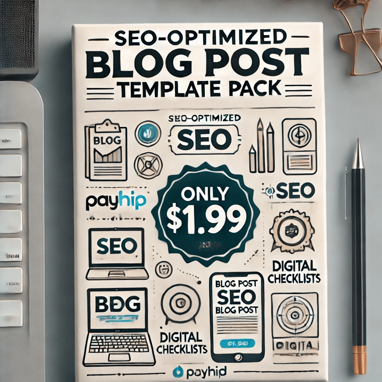 Product cover for “SEO-Optimized Blog Post Template Pack” featuring modern icons for blogging, SEO, and digital checklists with a clean white background and a green price badge that says “Only $1.99”