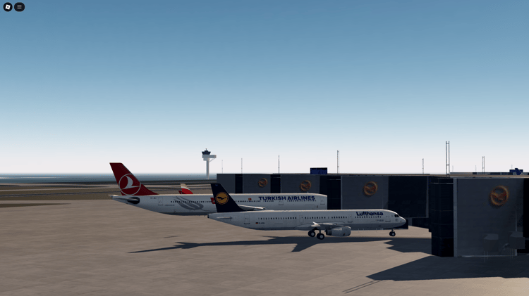 Aviation game map featuring Frankfurt Airport’s terminal layout, jet bridges, and aprons.