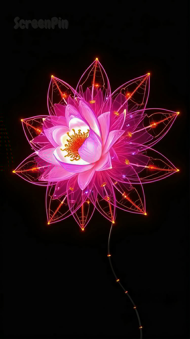 A glowing neon flower with radiant, vibrant petals against a deep black background, creating a dreamlike and futuristic effect.