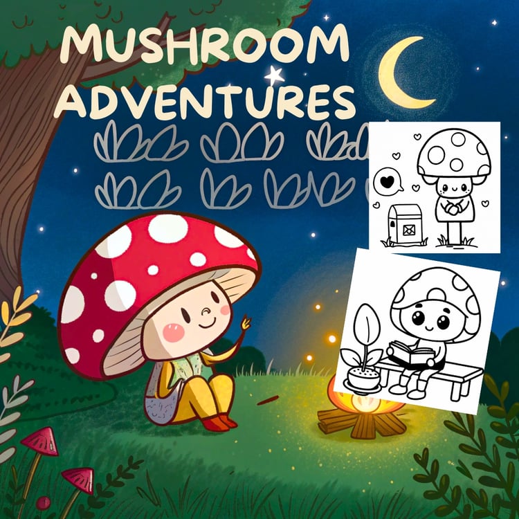 Bold and Easy Coloring Book for adults and kids, Kawaii Mushroom Coloring Pages, Cute Funny Mushrooms Coloring, Cozy Relaxing Activity