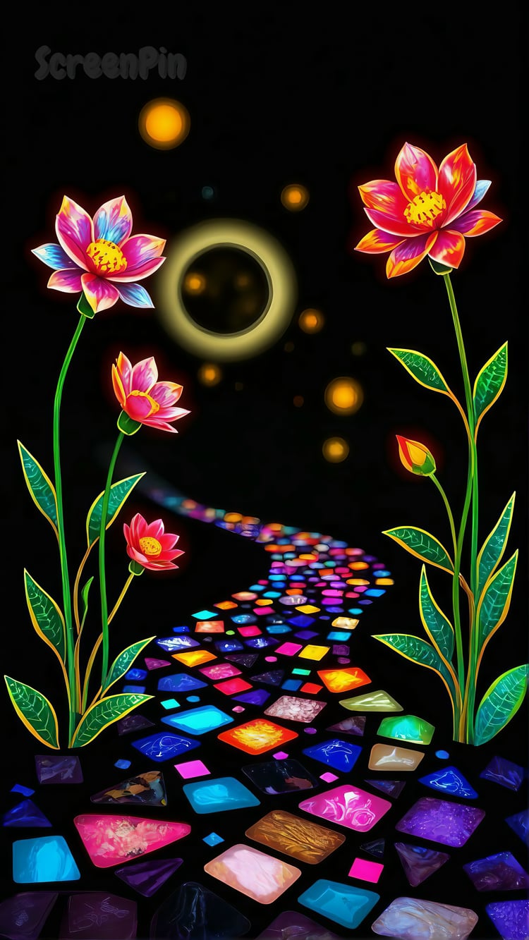A glowing, mystical path adorned with vibrant, luminescent flowers against a deep black background, creating a surreal and enchanting atmosphere.