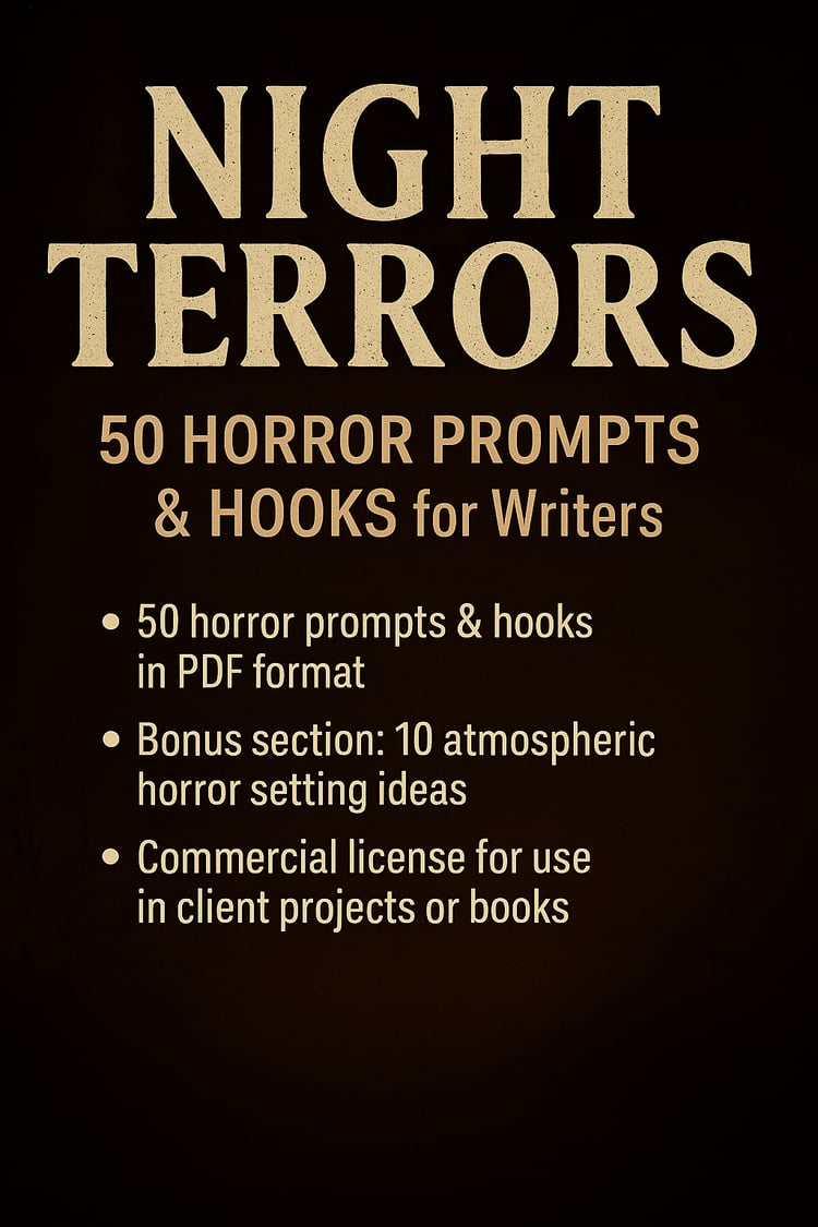 Description: Unleash the dark side of your imagination. Night Terrors offers 50 bone-chilling horror writing prompts and opening hooks designed to inspire short stories, novels, or flash fiction. Whether youre writing psychological horror, supernatural d