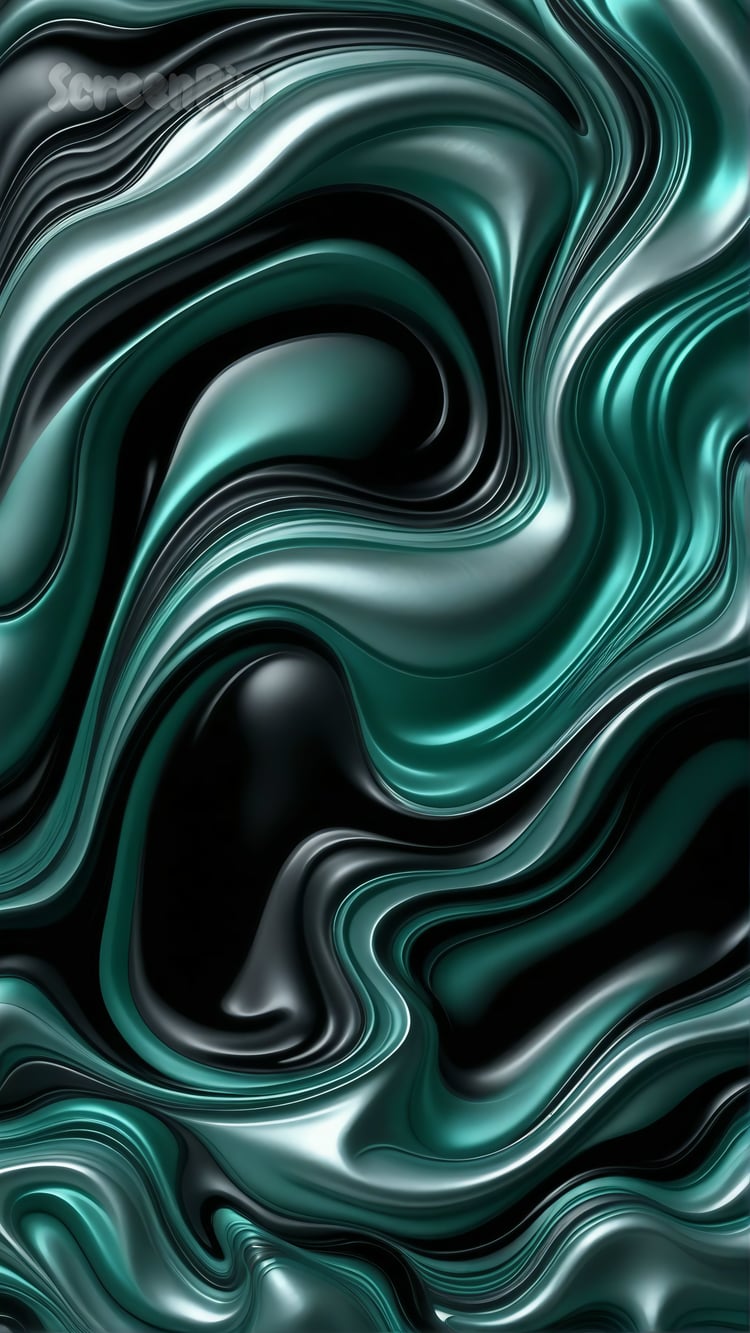 A 3D fluid abstract artwork with swirling emerald green, black, and silver patterns, creating a sense of motion and depth.