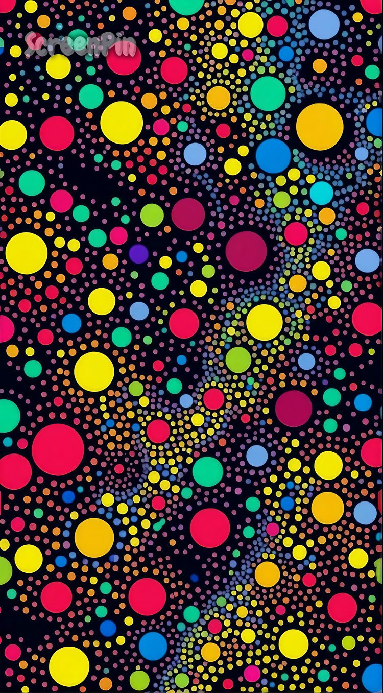A digital abstract artwork featuring colorful circles of various sizes scattered on a black background, creating a dynamic and vibrant effect.