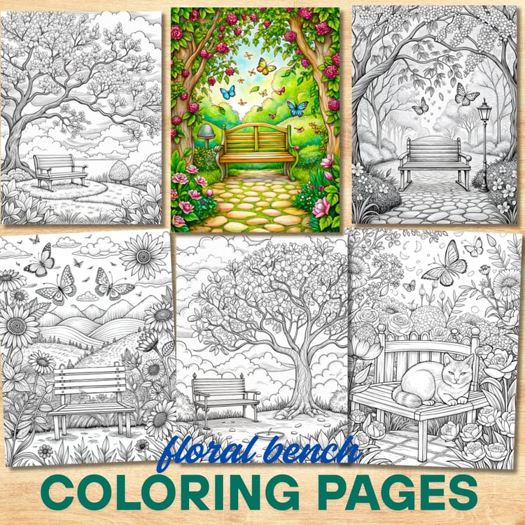 30 Floral Bench Coloring Book, Printable Enchanted Fantasy Garden Coloring Pages, Grayscale Magical Flowers Coloring Book for Adults Kids