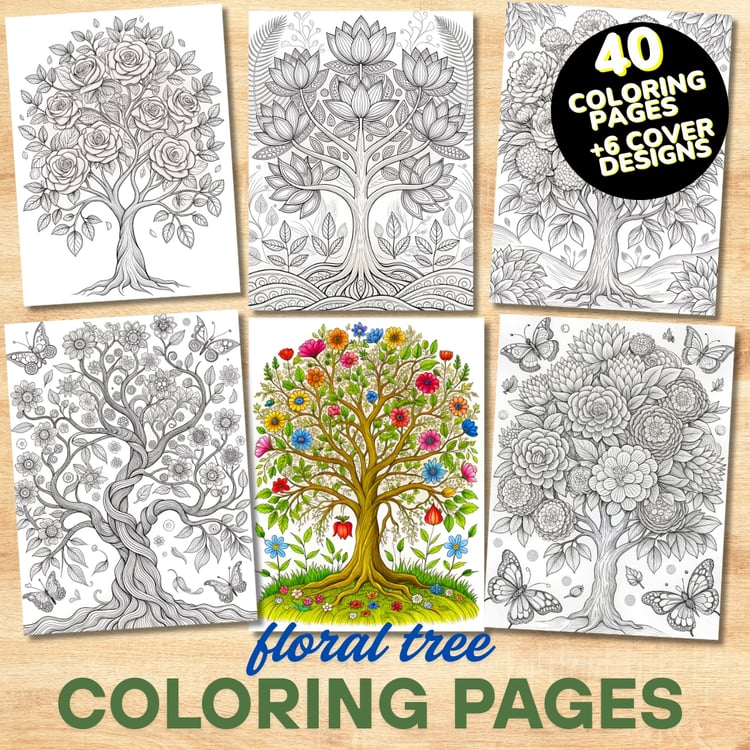 40 Floral Tree Coloring Book, Printable Enchanted Fantasy Tree Coloring Pages, Grayscale Magical Big Tree Coloring Book for Adults and Kids