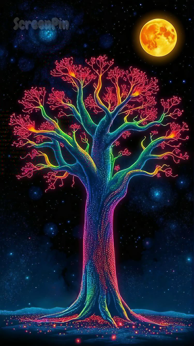 A surreal digital artwork of a glowing magical tree under a starry night sky, radiating an ethereal and enchanting aura.