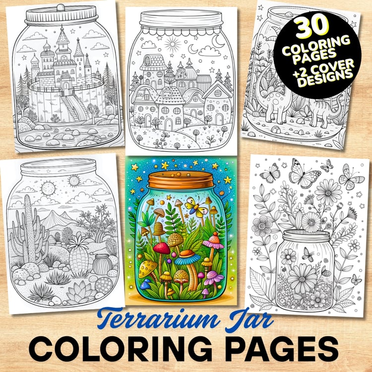Bold and Easy Coloring Book, Cute Terrarium Jar Coloring Pages, Enchanted Forest Scenes Coloring, Relaxing Activity for Adults and Kids
