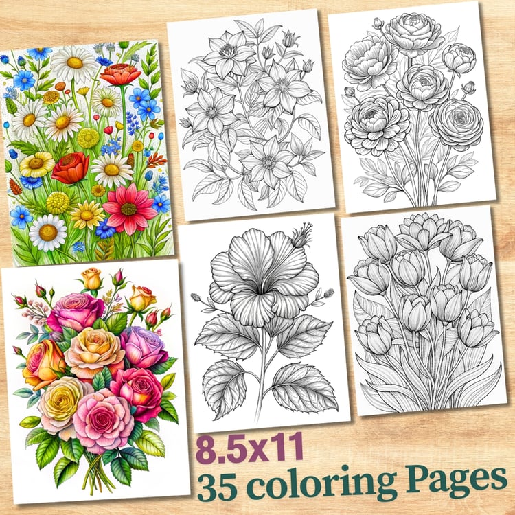 35 Realistic Flowers Collection Coloring Book, Printable PDF, Flower Bundle Coloring Pages, Grayscale Coloring Book for Adults and Kids