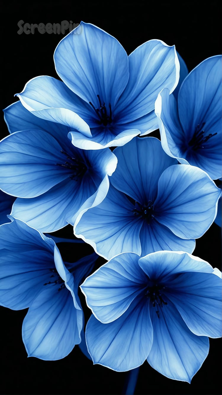 A delicate arrangement of glowing blue flowers with soft petals, set against a deep black background for a dreamy and elegant effect.