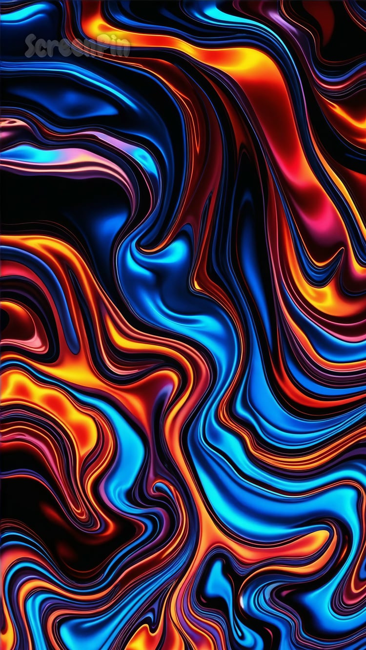 A vibrant abstract artwork featuring a metallic liquid wavy flow with smooth, reflective, and undulating motion.