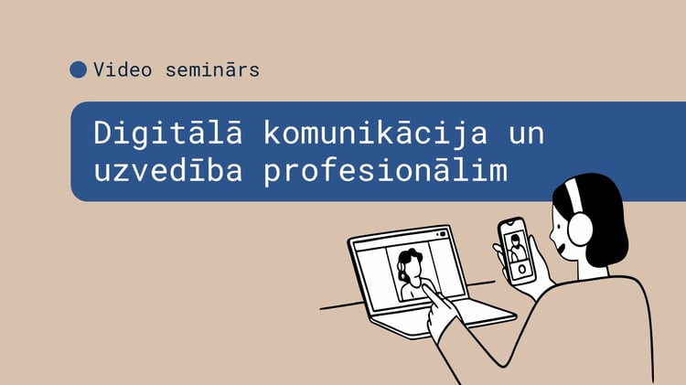 Klēpjadators un monitors uz galda. Teksts: Digitālā etiķete profesionālim. Seminārs.