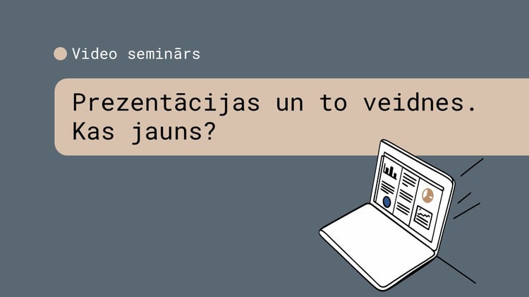 Sieviete apskata biznesa prezentācijas slaidus uz liela ekrāna. Zemāk teksts: