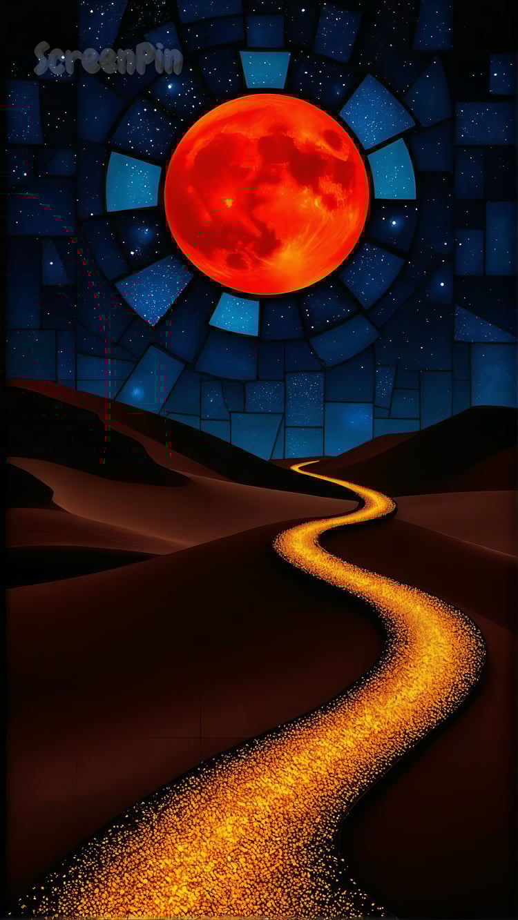 A surreal digital artwork depicting a massive red moon rising over dark dunes, creating a mysterious and atmospheric night landscape.